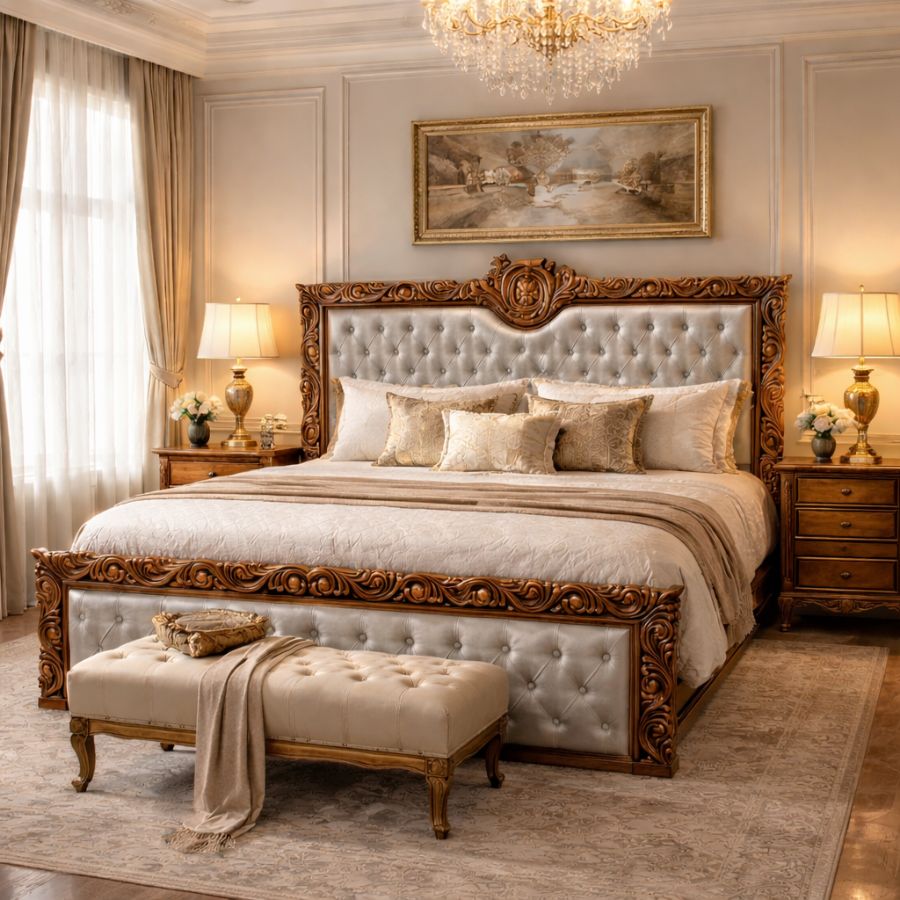 Buy Royal Carved Upholstered Bed – Premium Teak Furniture by Modern Home Furnishings