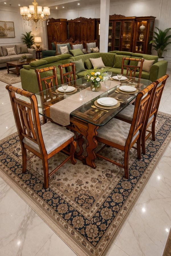 Buy Elegant 6-Seater Glass Top Dining Set – Premium Teak Furniture by Modern Home Furnishings