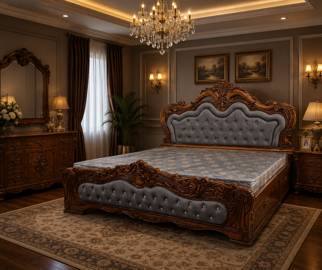 Buy Luxury Upholstered Wooden Bed – Royal Elegance for Your Dream Bedroom ✨ – Premium Teak Furniture by Modern Home Furnishings